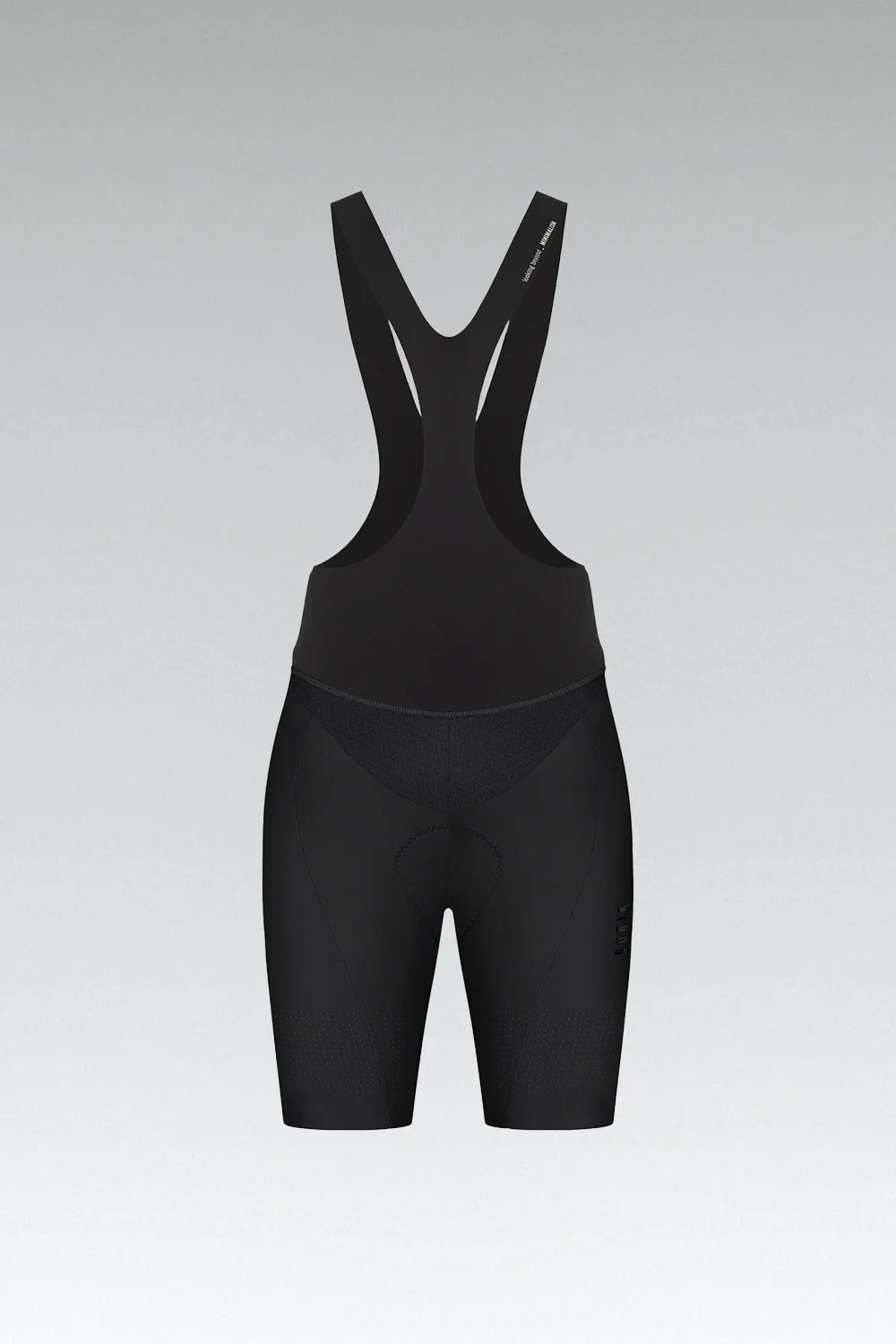 Calções de ciclismo pretos com alças em tecido elástico e texto branco na alça