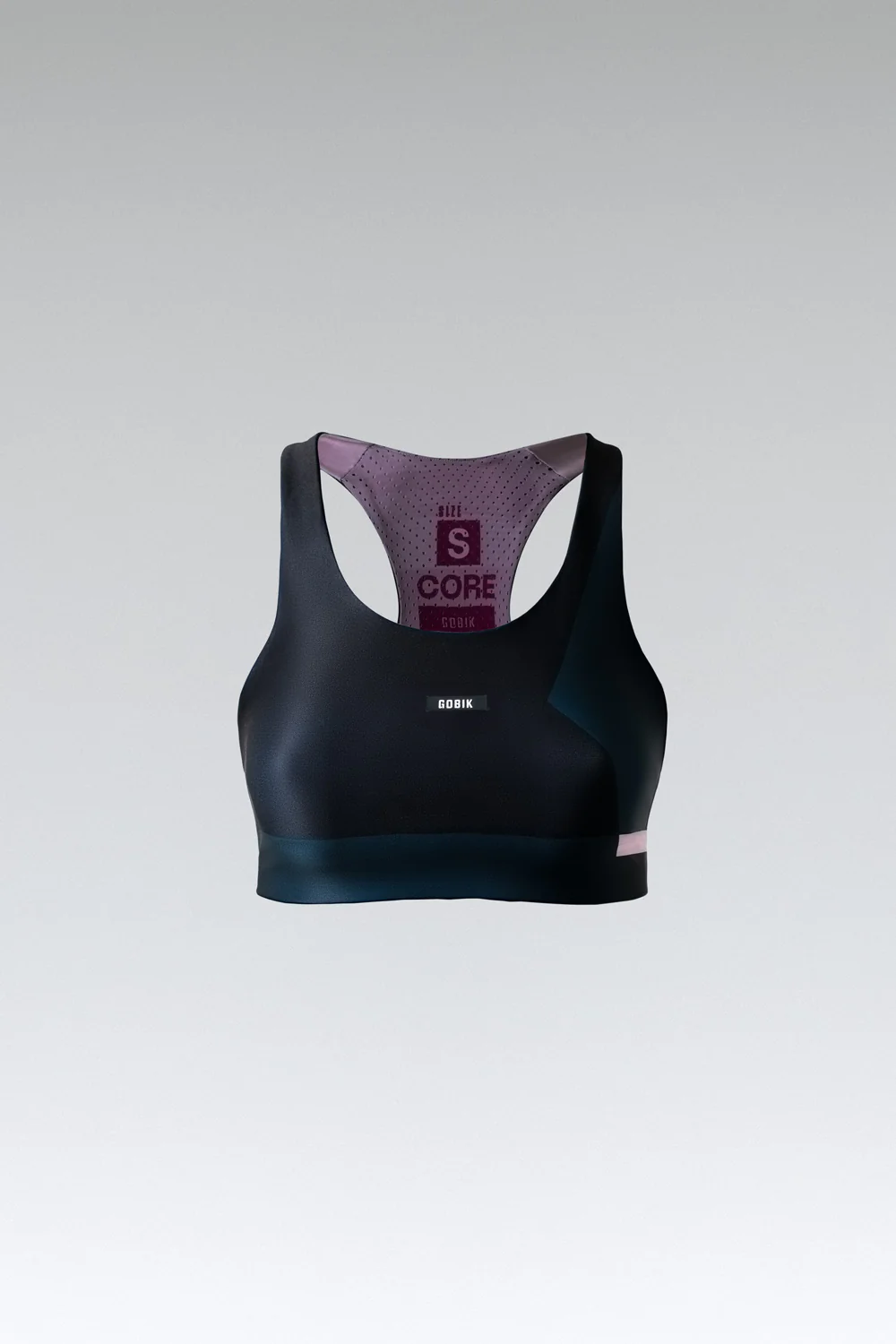 Soutien desportivo preto com detalhes interiores lilás e texto impresso.