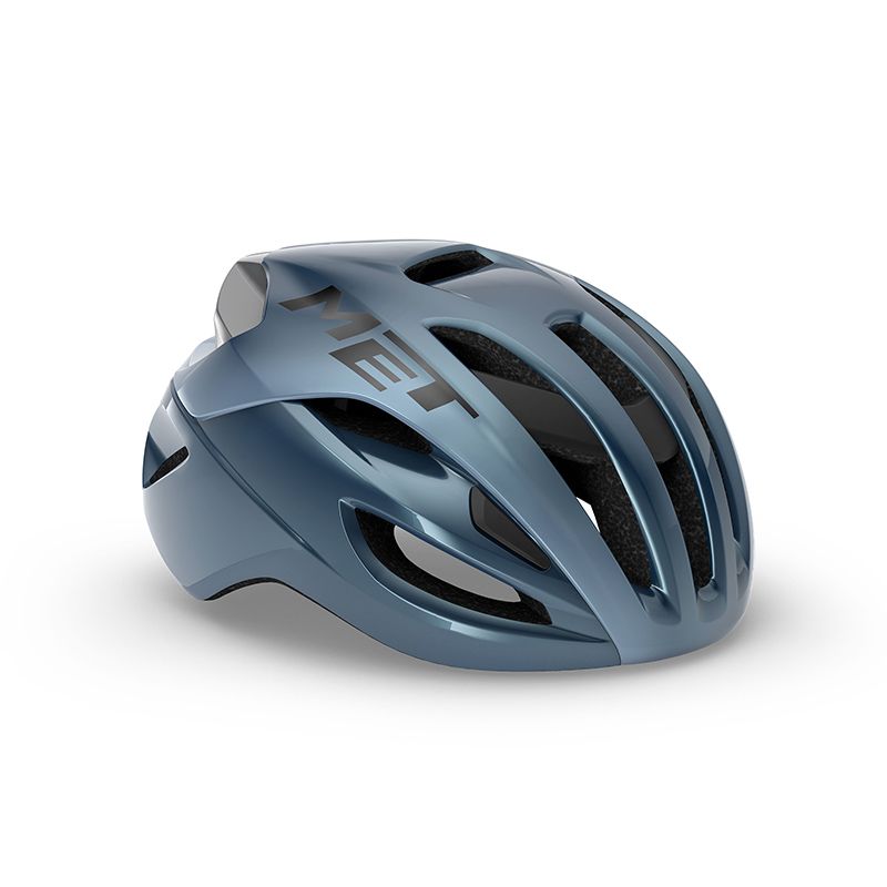 Capacete de ciclismo azul com o texto 'MET'
