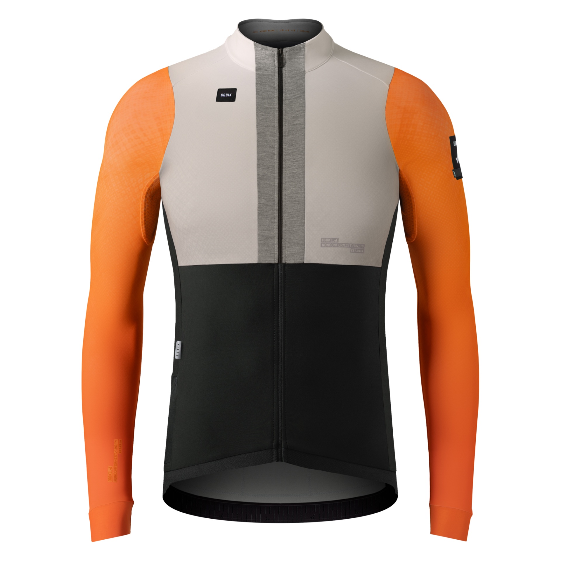 Casaco de ciclismo mangas compridas nas cores laranja, bege e preto com fecho frontal
