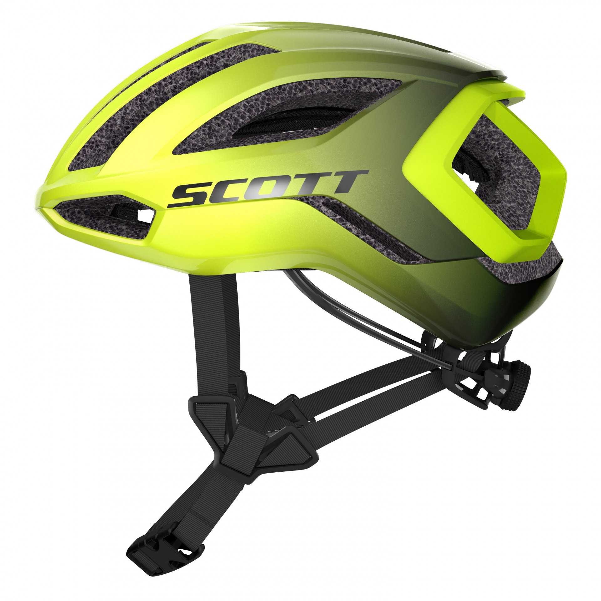 Capacete de ciclismo verde e amarelo SCOTT com ventilação e cinta preta ajustável