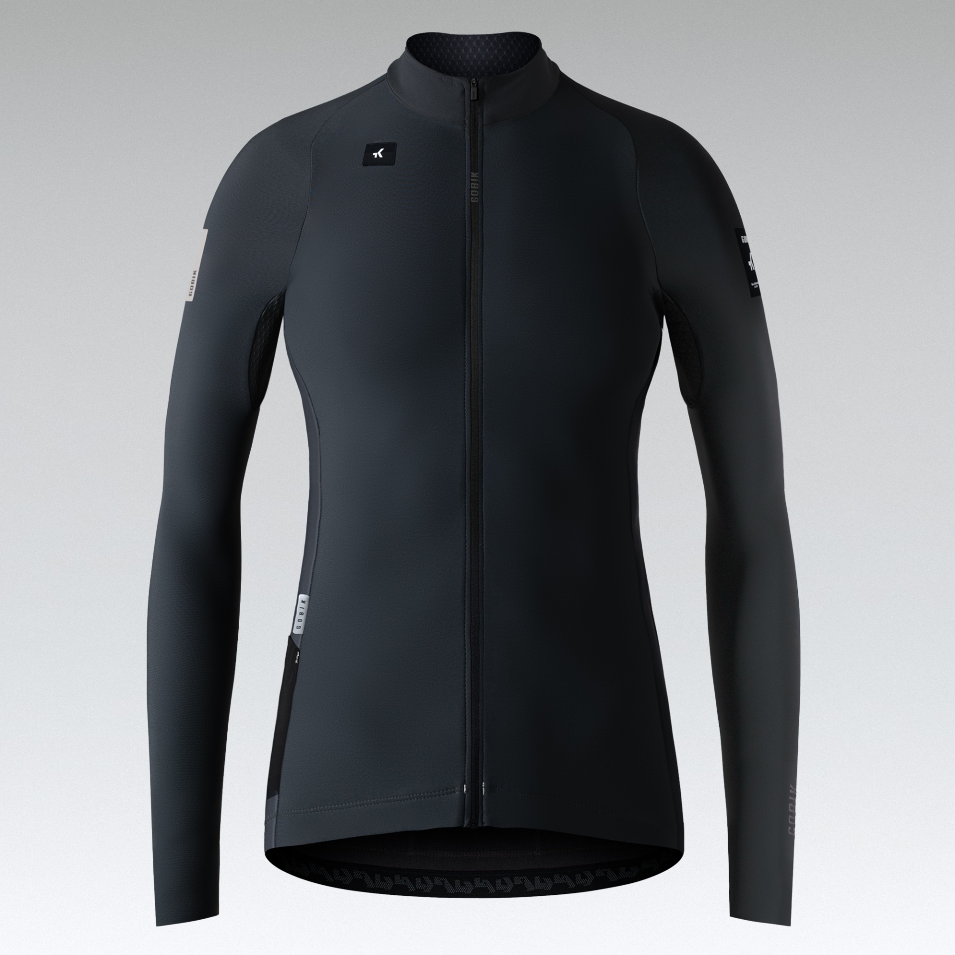 Casaco desportivo preto de manga comprida com fecho frontal e logos brancos