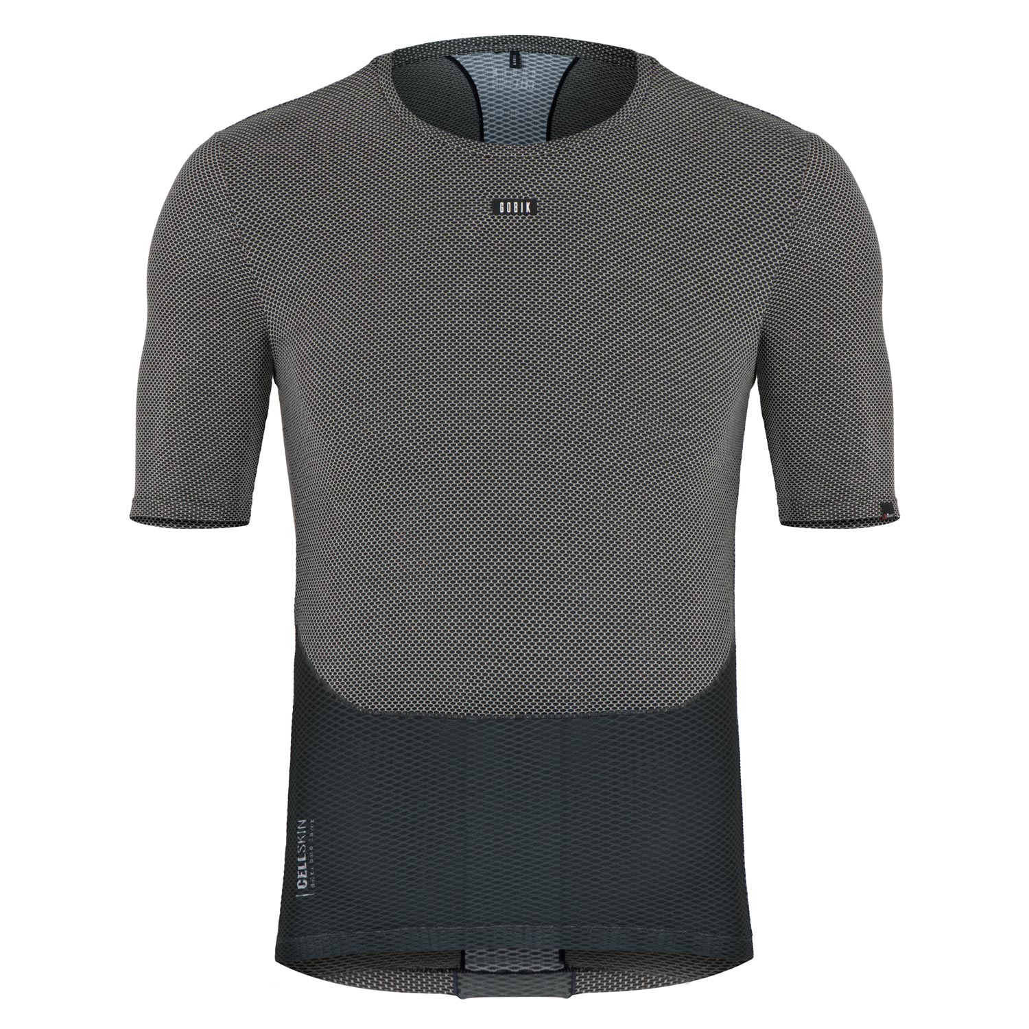 Camisola desportiva cinza e preta de manga curta com padrão em malha