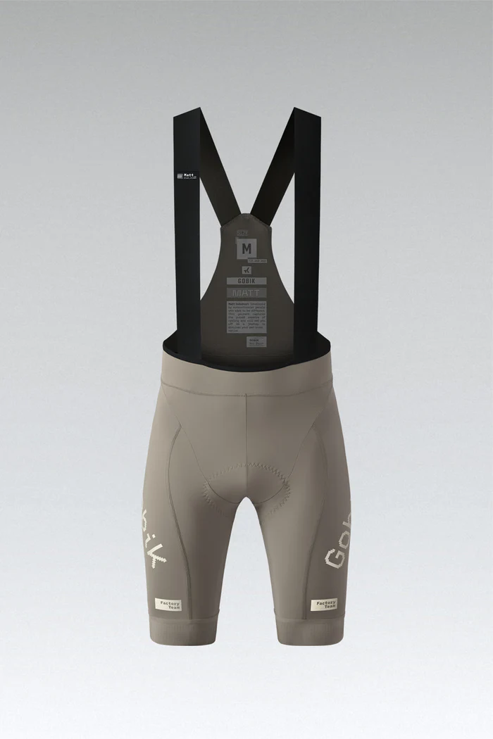 Calções de ciclismo taupe com alças pretas e texto branco