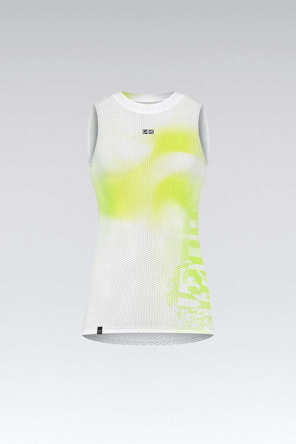 Camisola sem mangas branca com padrão de malha e detalhes amarelos