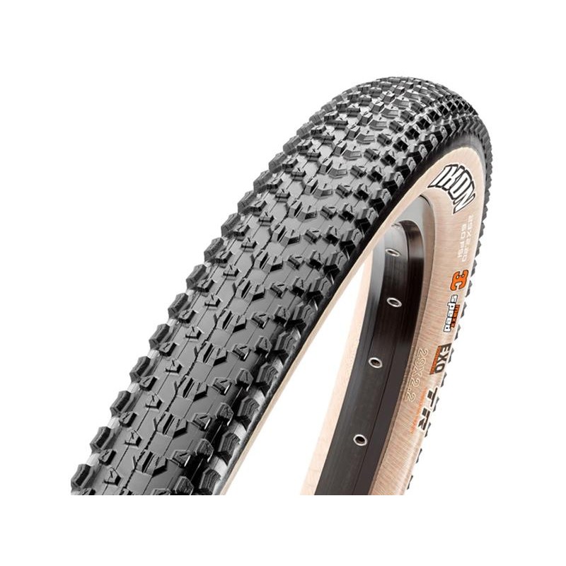 Pneu de bicicleta todo-o-terreno com banda preta e laterais castanhas com texto