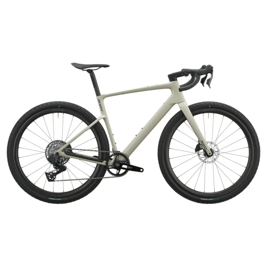 Bicicleta de estrada/gravel cinza claro com pneus pretos e quadro em carbono