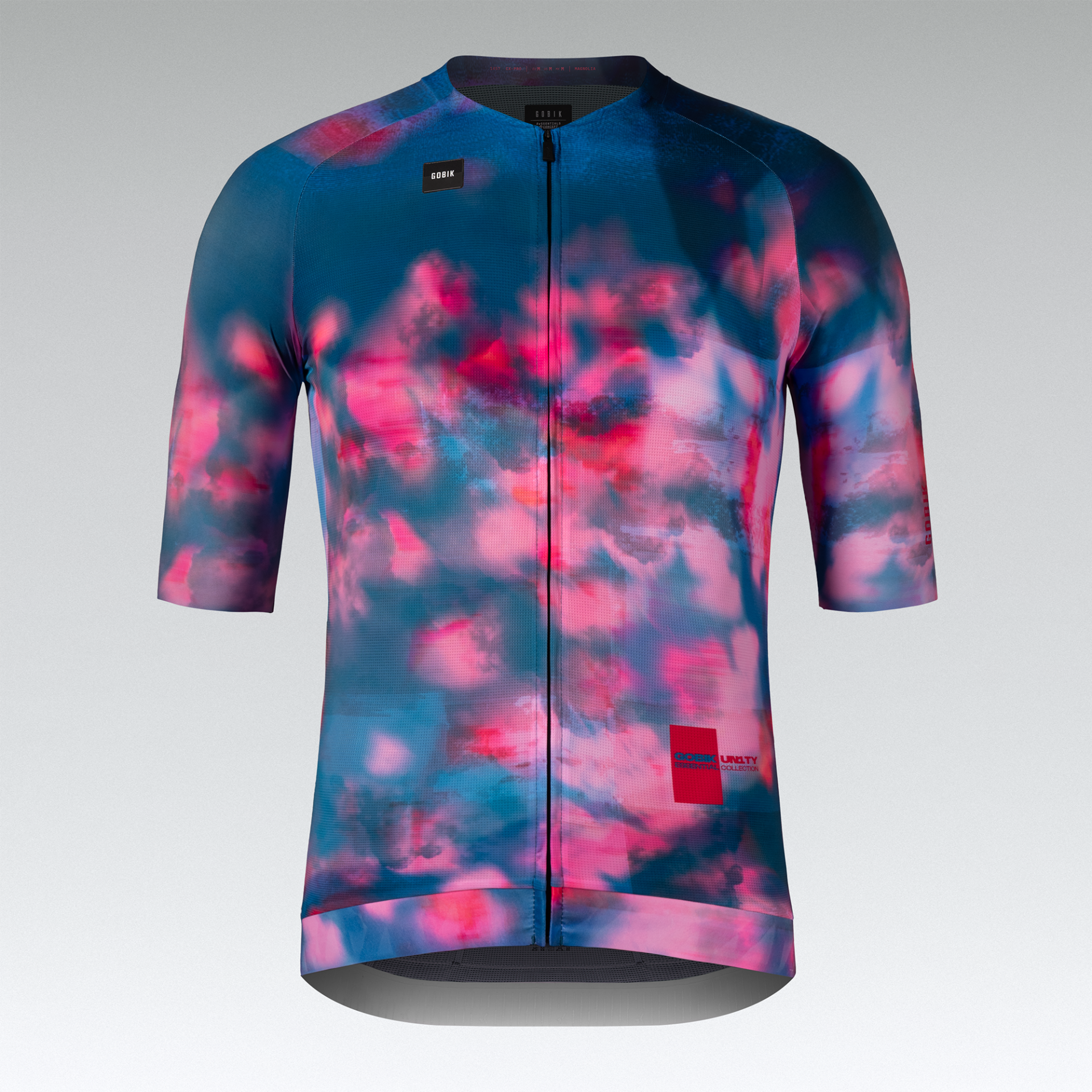 Camisola de ciclismo azul e rosa com padrão abstrato e fecho frontal