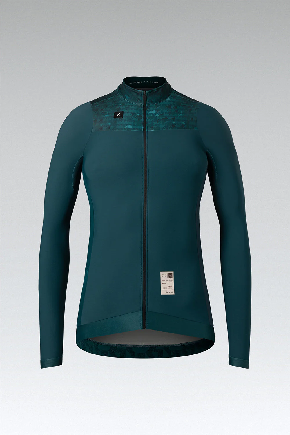 Camisola de ciclismo verde escuro com padrão geométrico e fecho frontal