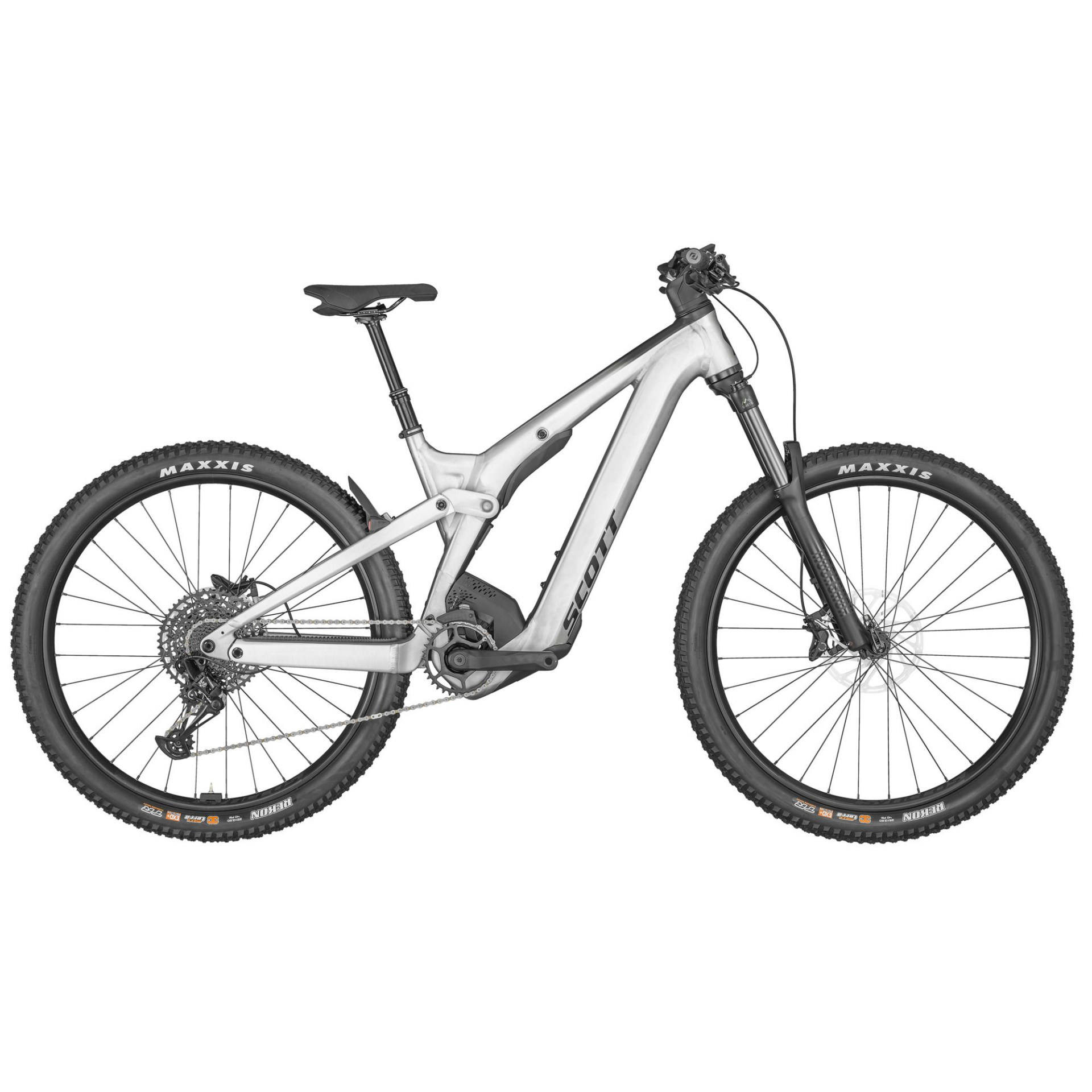 Bicicleta elétrica de montanha KTM prateada com pneus Maxxis