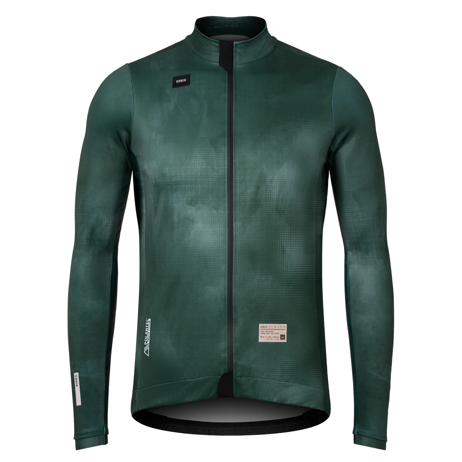 Casaco desportivo verde escuro com fecho preto e etiquetas GOBIK e POLARTEC