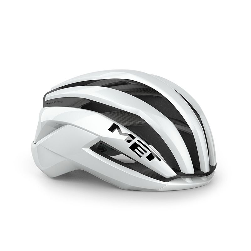 Capacete de ciclismo branco com detalhes pretos e cinzentos e texto MET