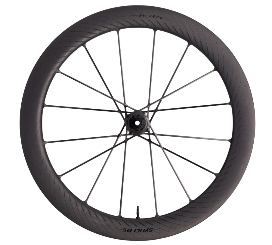 Roda de bicicleta carbono preta com raios finos e aro largo