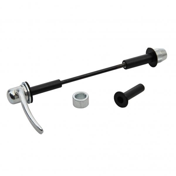 Fecho rápido para rodas de bicicleta com alavanca metálica e haste preta em fundo branco