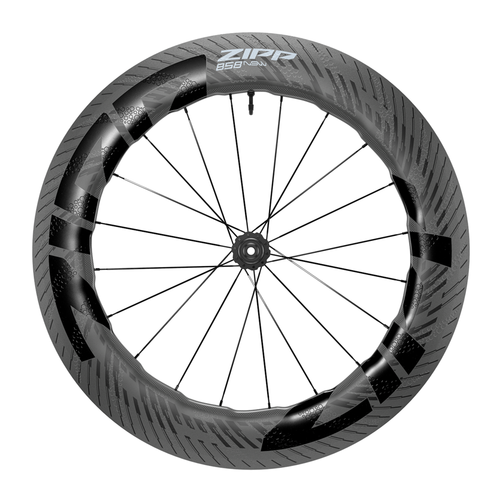 Roda de bicicleta ZIPP 858 NSW em fibra de carbono cinza escuro e preto