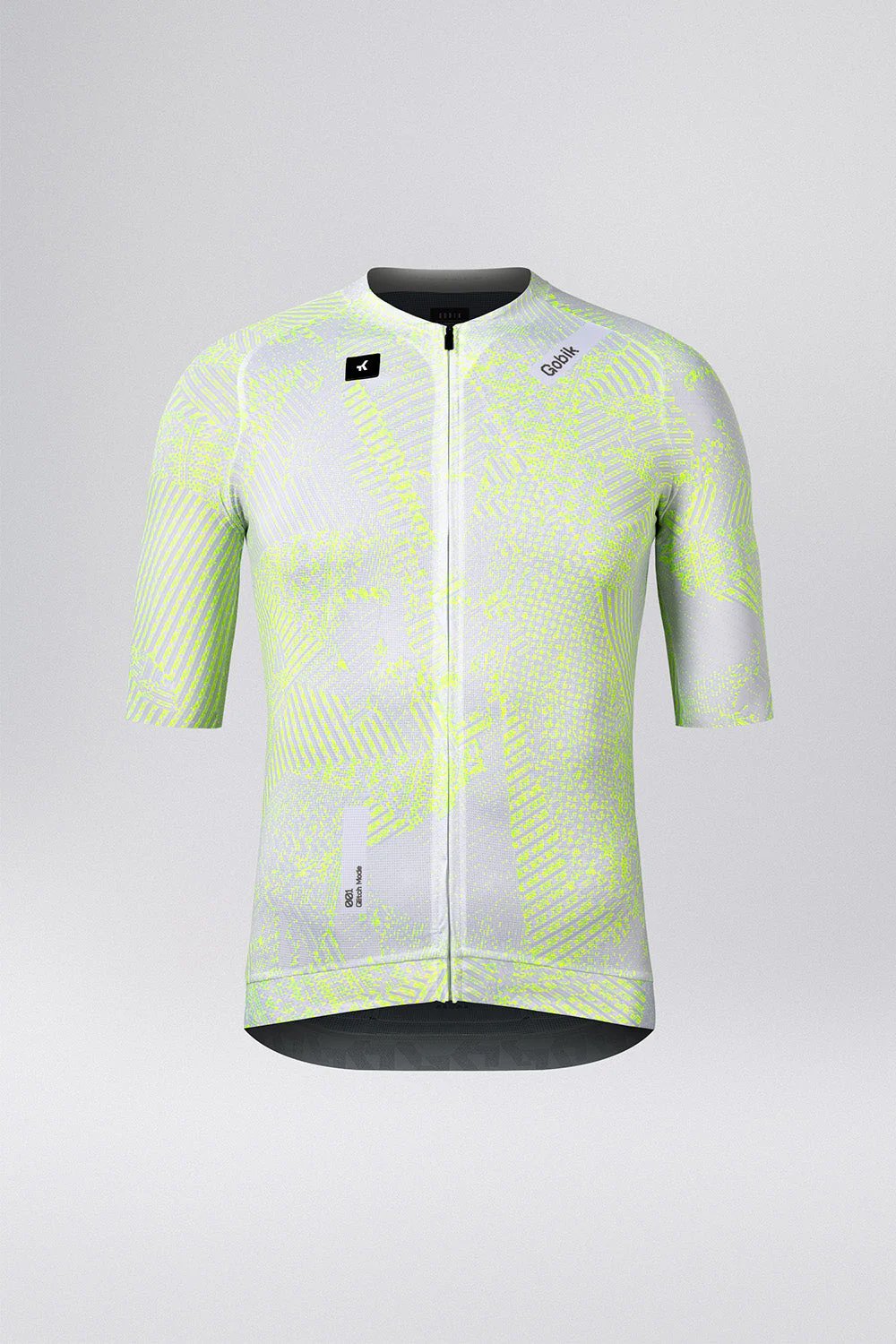 Camisola de ciclismo branca com padrões amarelo fluorescente e texto Gobik