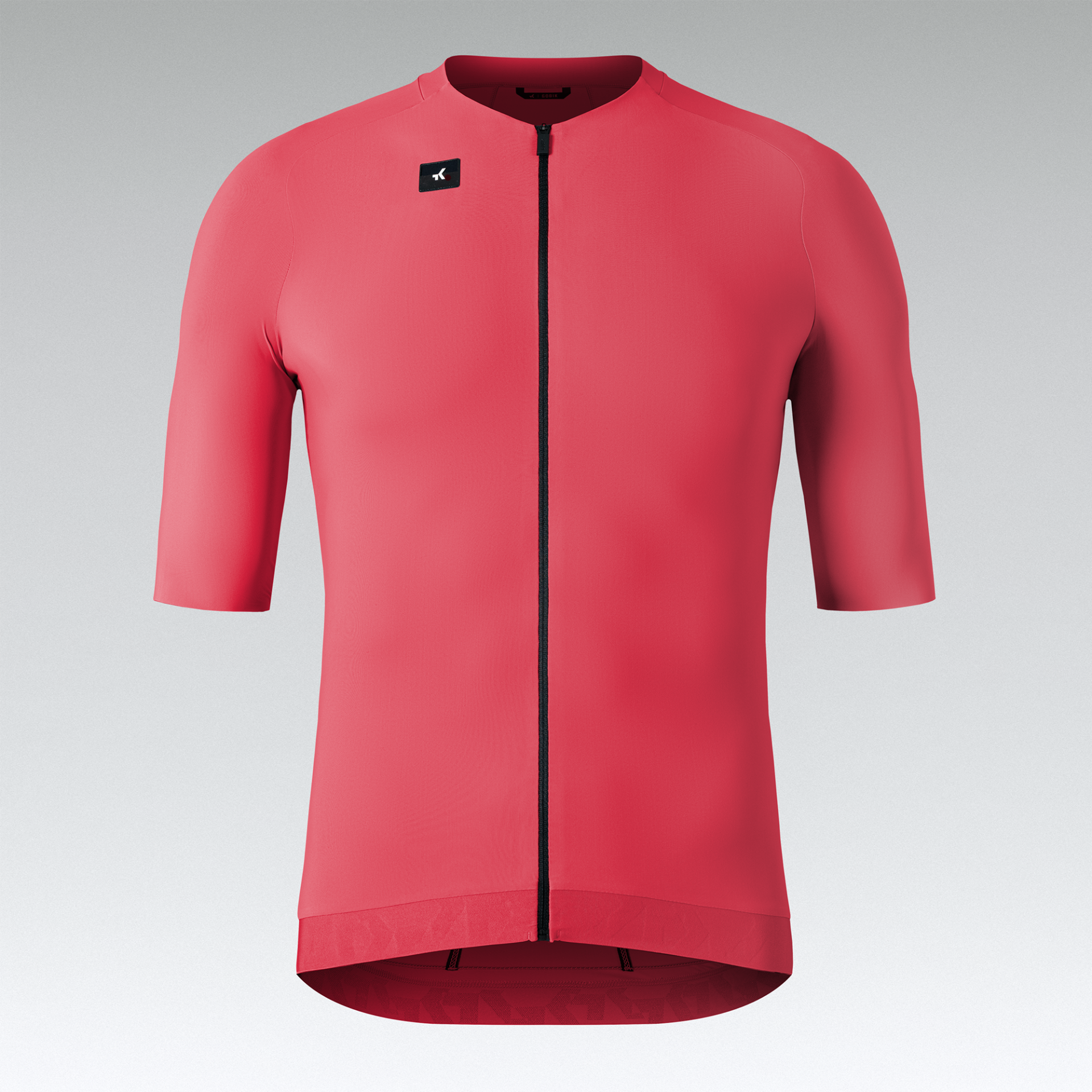 Camisola de ciclismo rosa com fecho preto e logotipo no peito