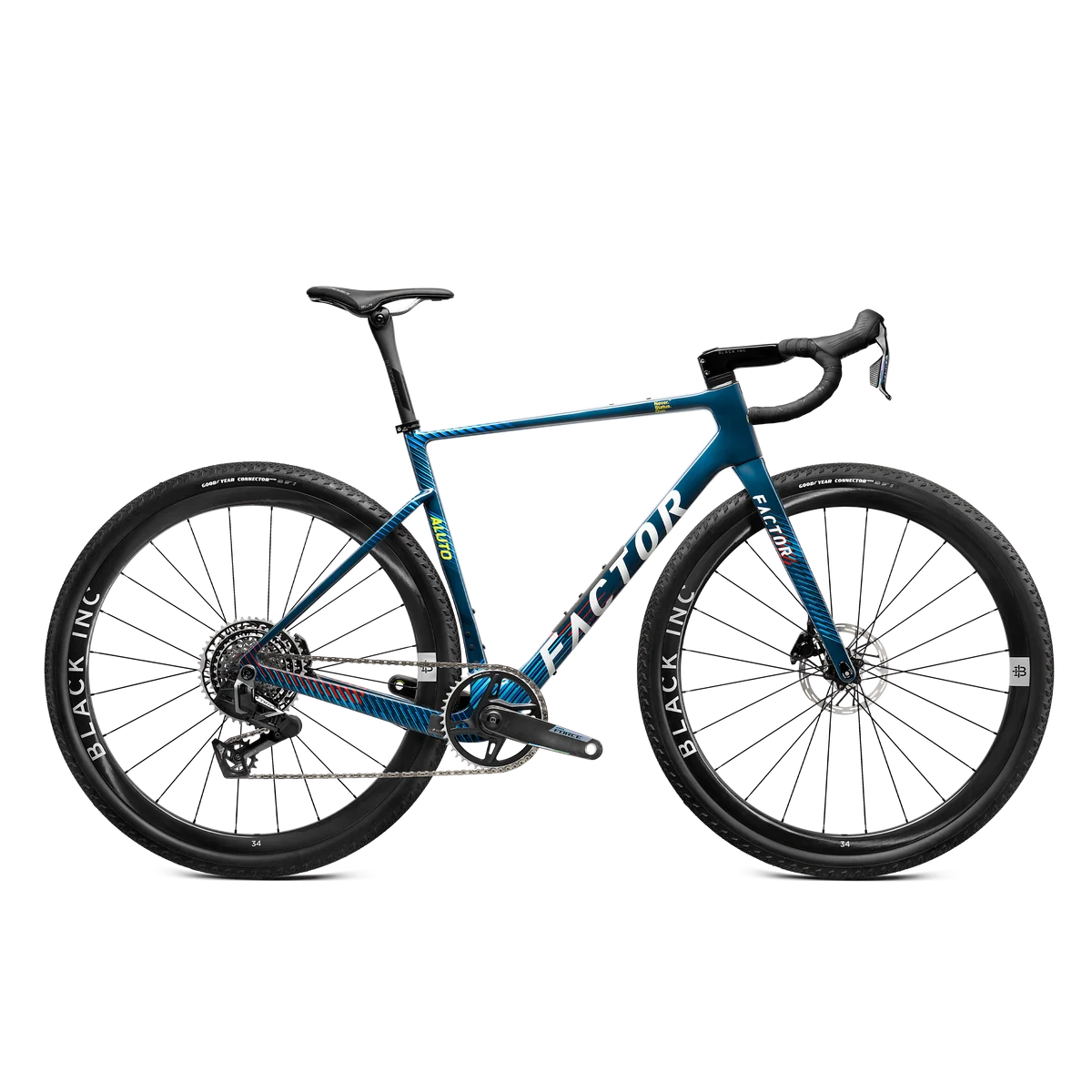 Bicicleta de corrida Factor azul com pneus pretos e jantes Black Inc.