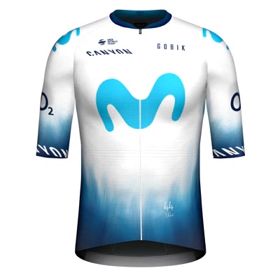 Camisola de ciclismo branca e azul com logótipos e texto