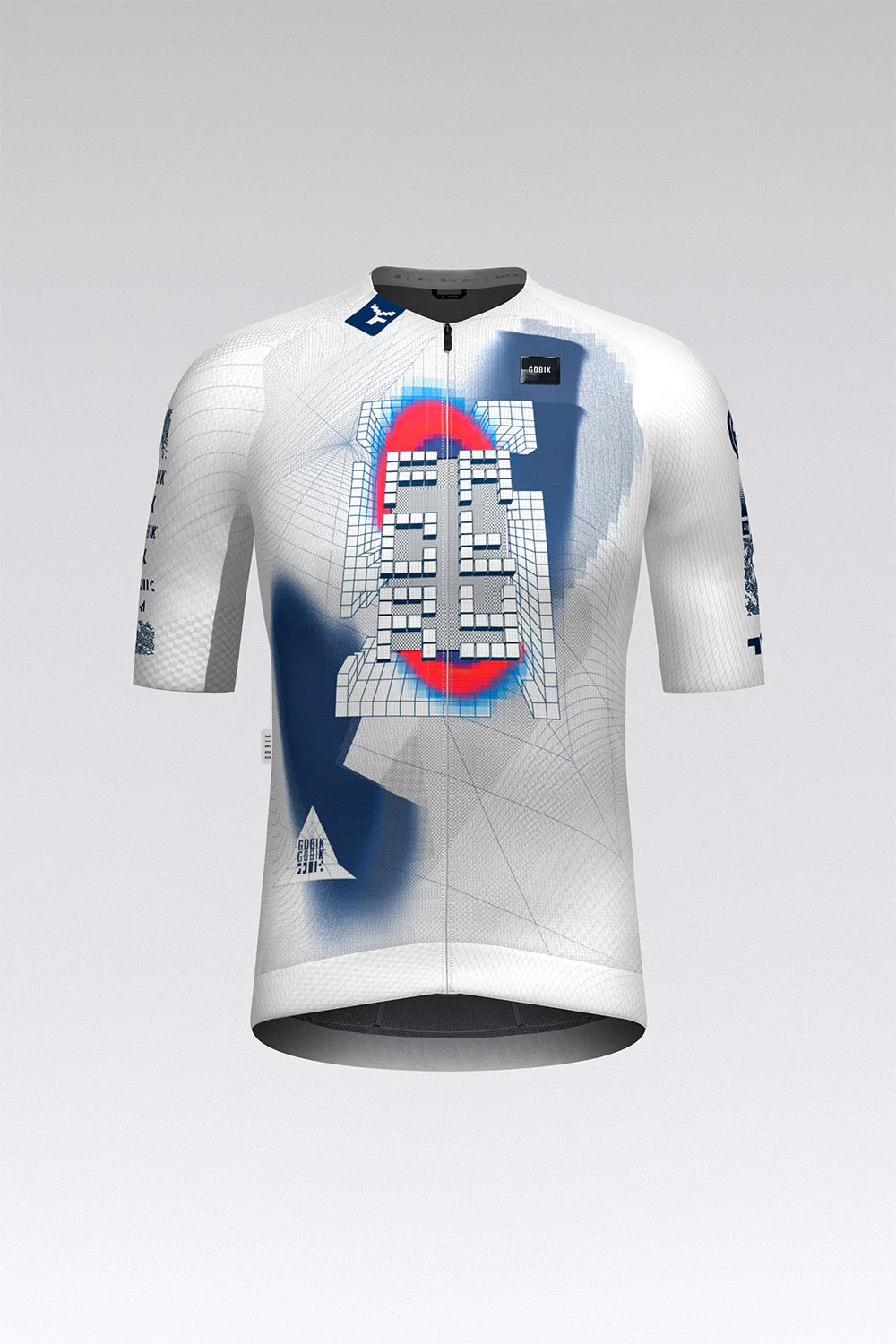 Camisola ciclismo branca com padrões geométricos coloridos e texto Aero