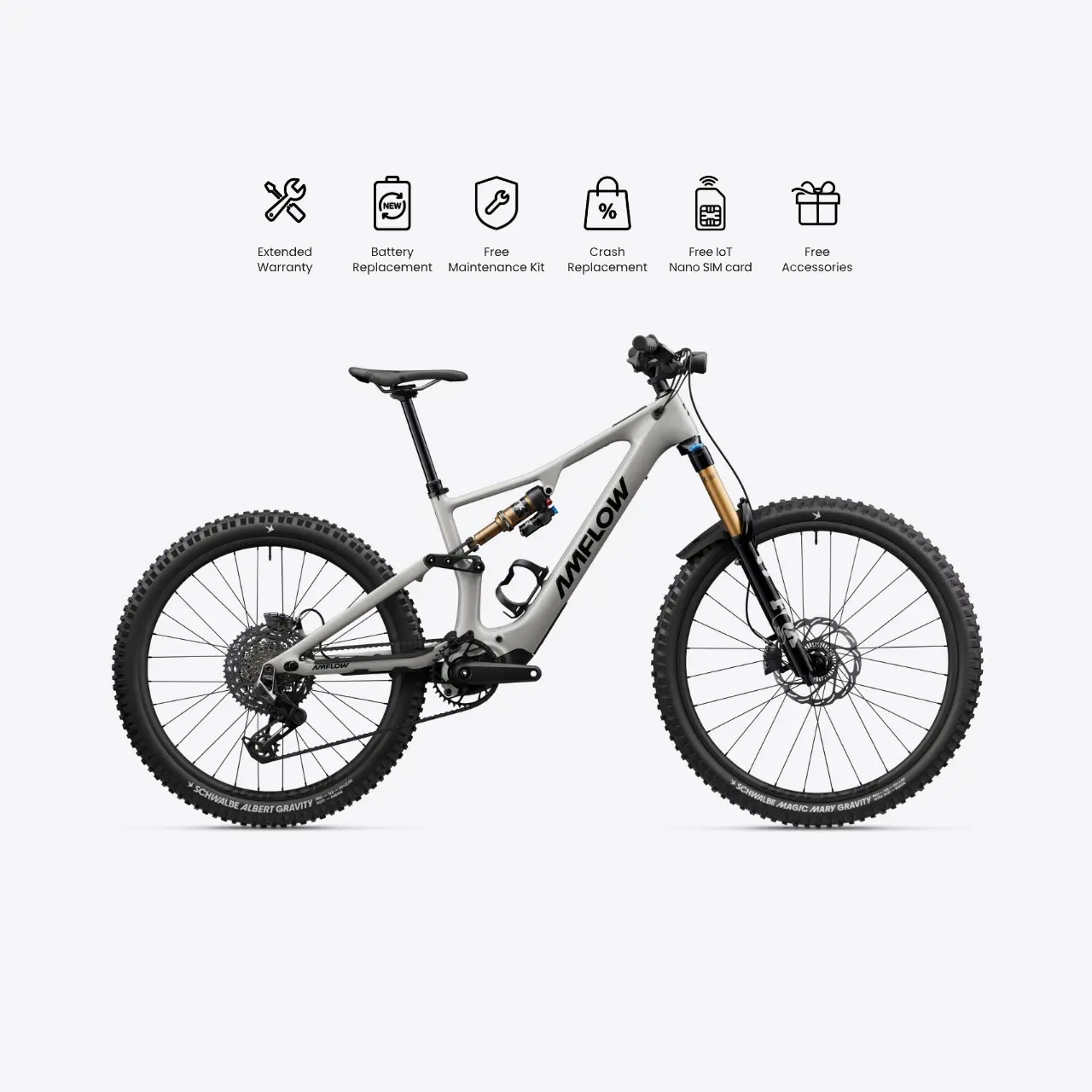 Bicicleta de montanha cinzenta e preta AMFLOW com suspensão dourada e pneus Schwalbe sobre fundo branco