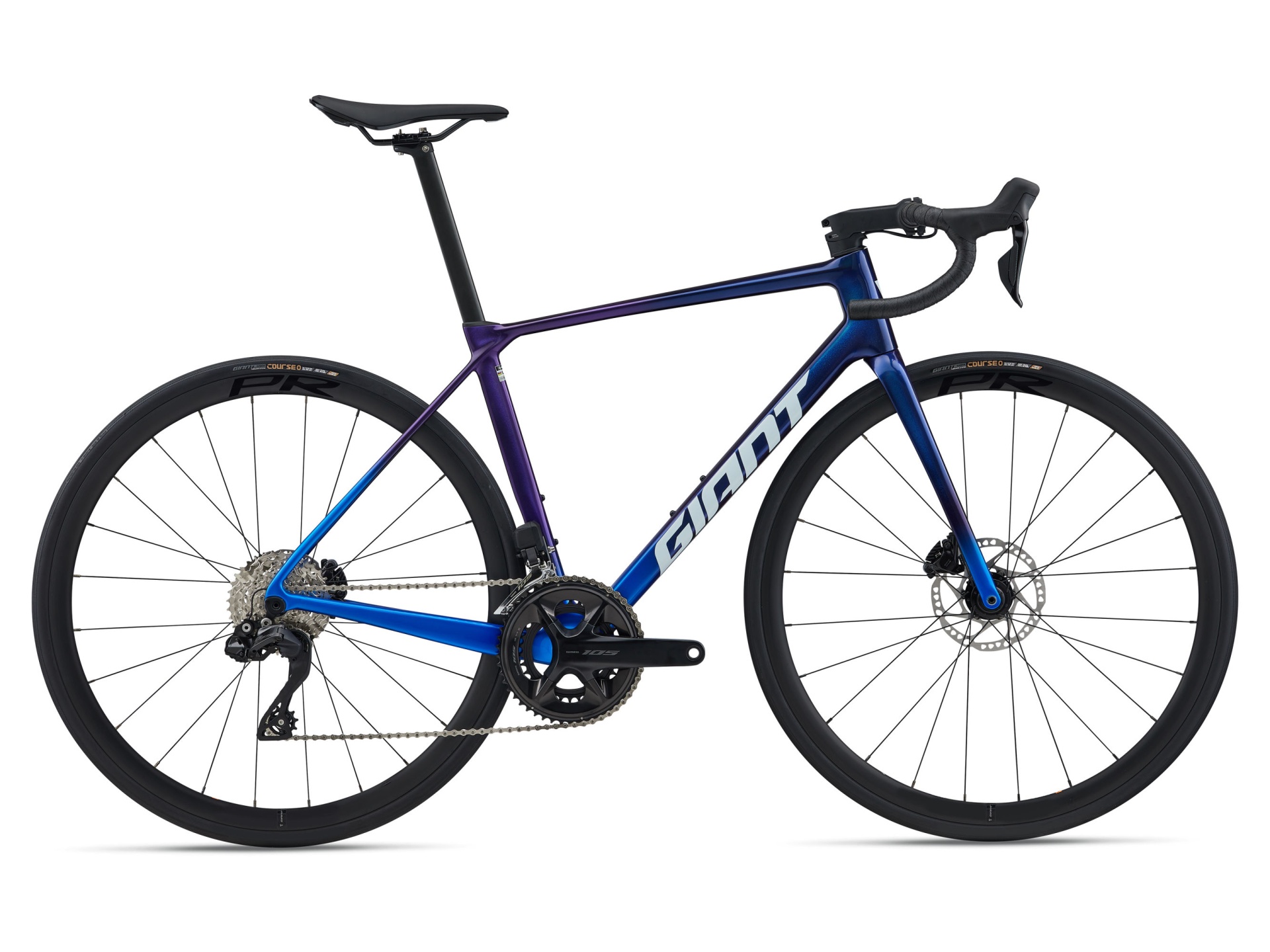 Bicicleta de estrada azul e roxa com roda preta e selim preto.
