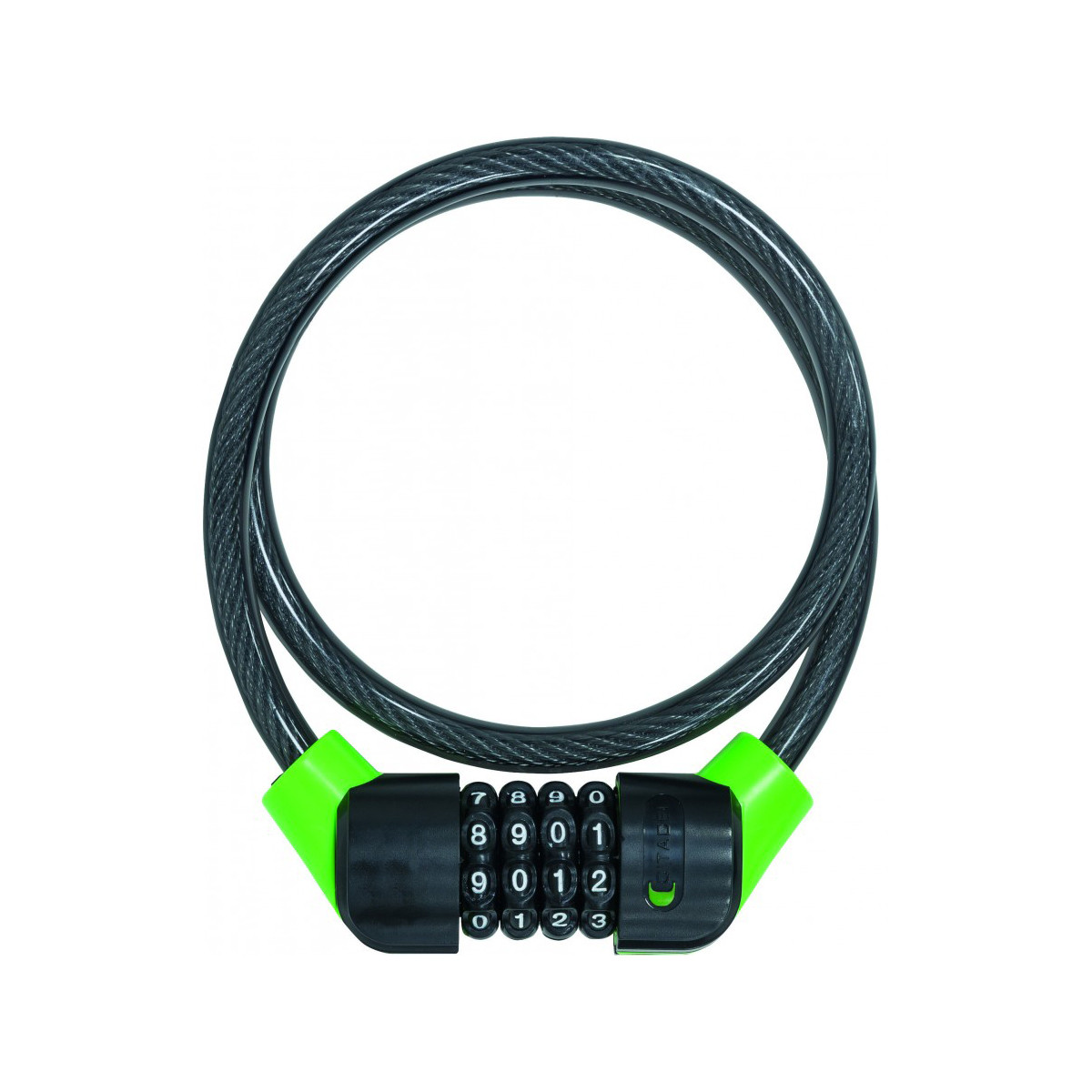 Cadeado em cabo de aço preto com detalhes verdes e combinação numérica