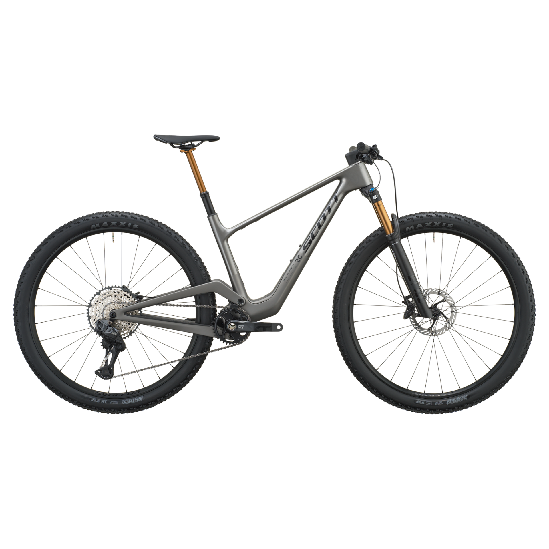 Bicicleta de montanha cinza metálico com suspensão dourada e pneus pretos