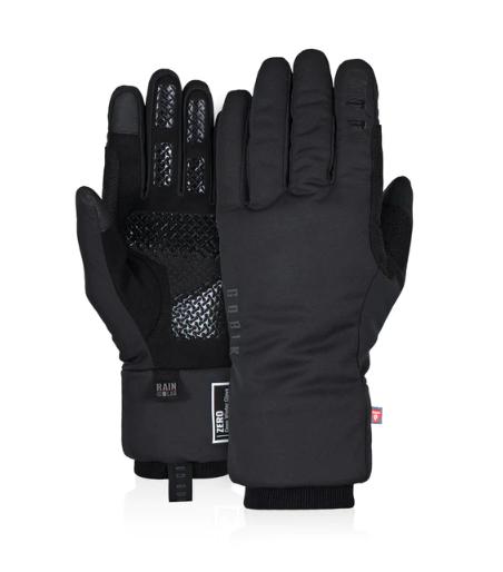 par de luvas pretas com detalhes antiderrapantes silicone e etiquetas Gore-Tex