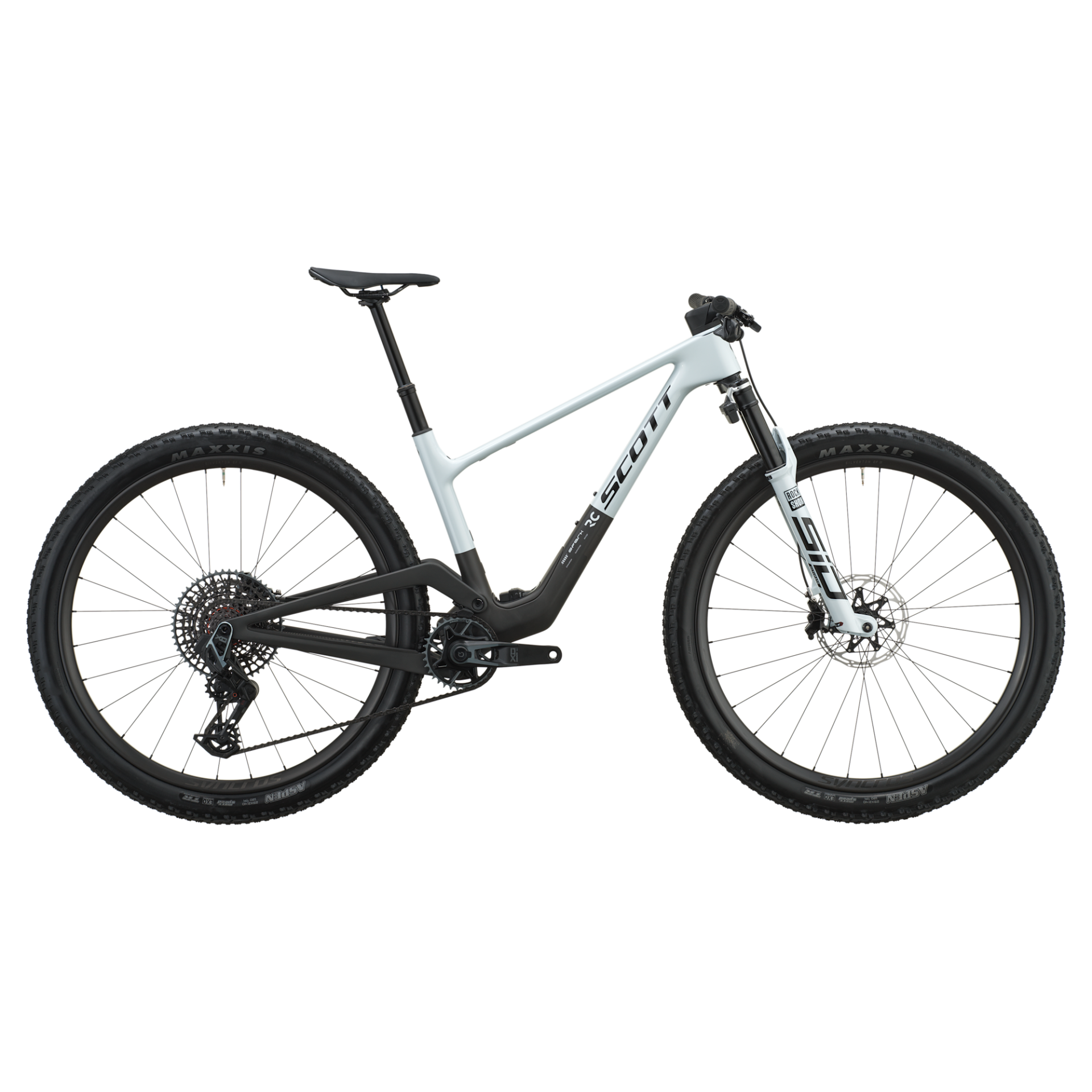 Bicicleta de montanha branca e preta com pneus Maxxis