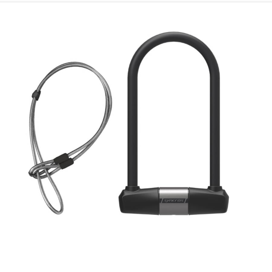 Candado tipo U preto e cinzento com cabo metálico