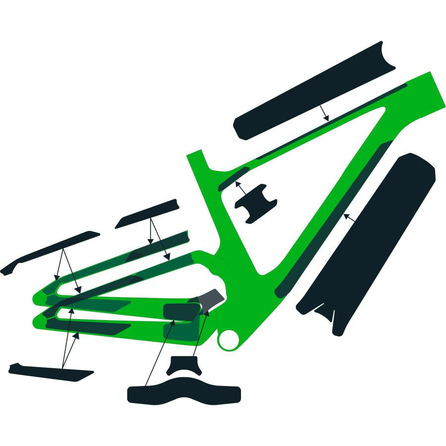 Diagrama de quadro de bicicleta verde com peças pretas destacadas