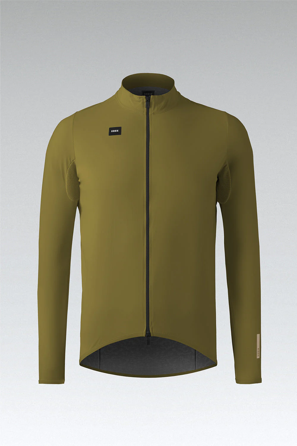 Camisola de ciclismo verde com fecho de correr preto e etiquetas GOBIK