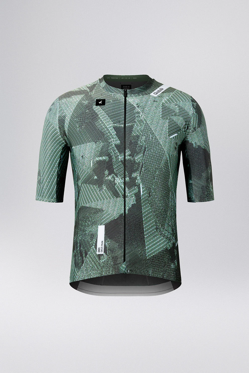 Camisola de ciclismo verde e preta com padrão geométrico e fecho frontal