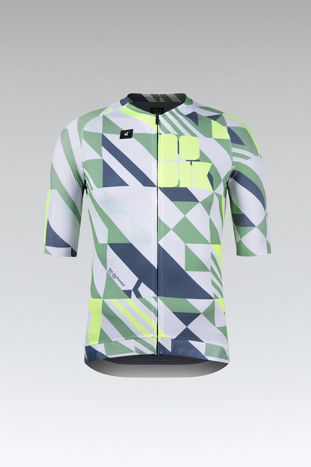 Camisola de ciclismo com padrão geométrico em verde, branco e cinzento