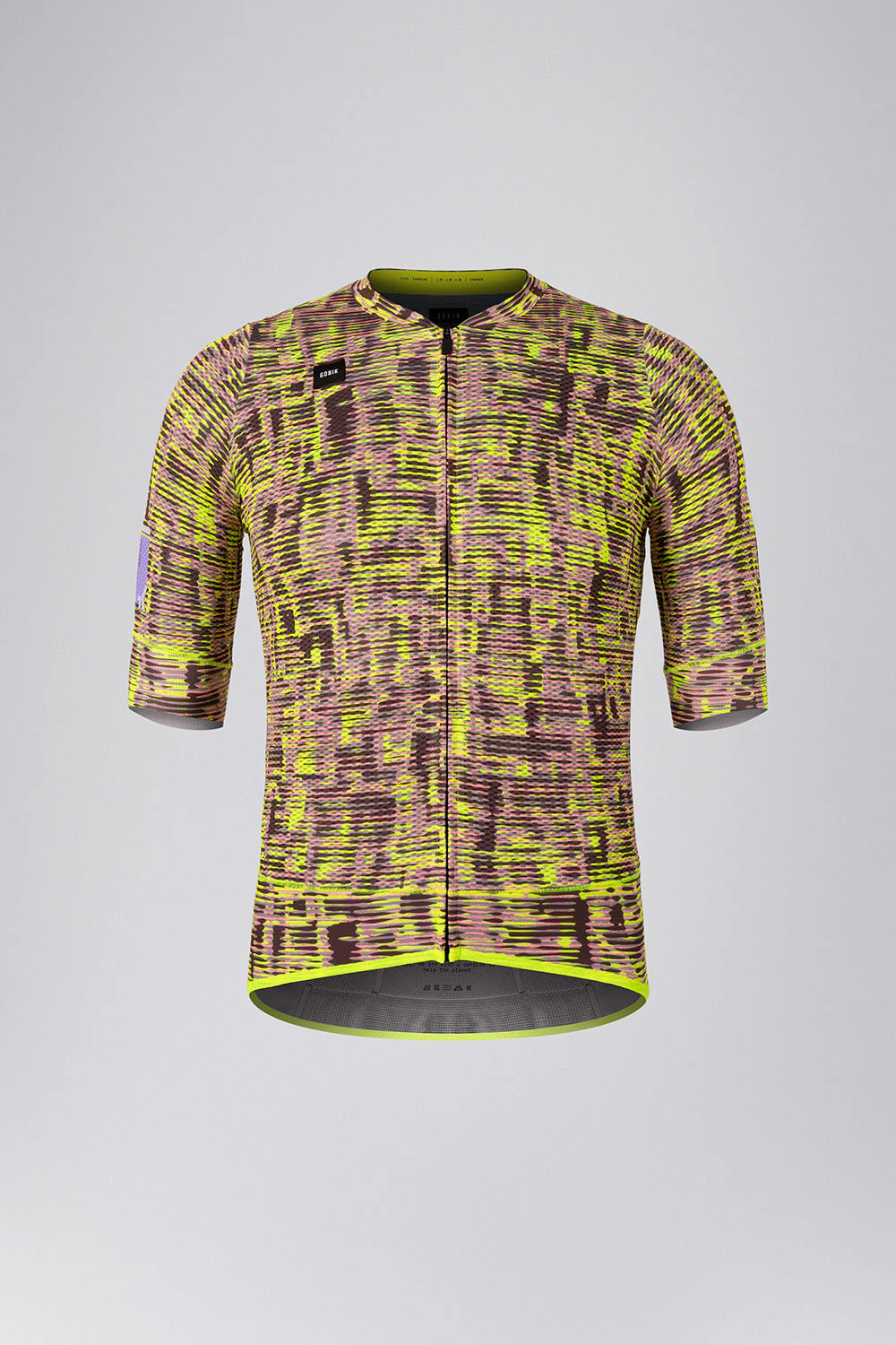 Camisola de ciclismo com padrão amarelo, verde e castanho