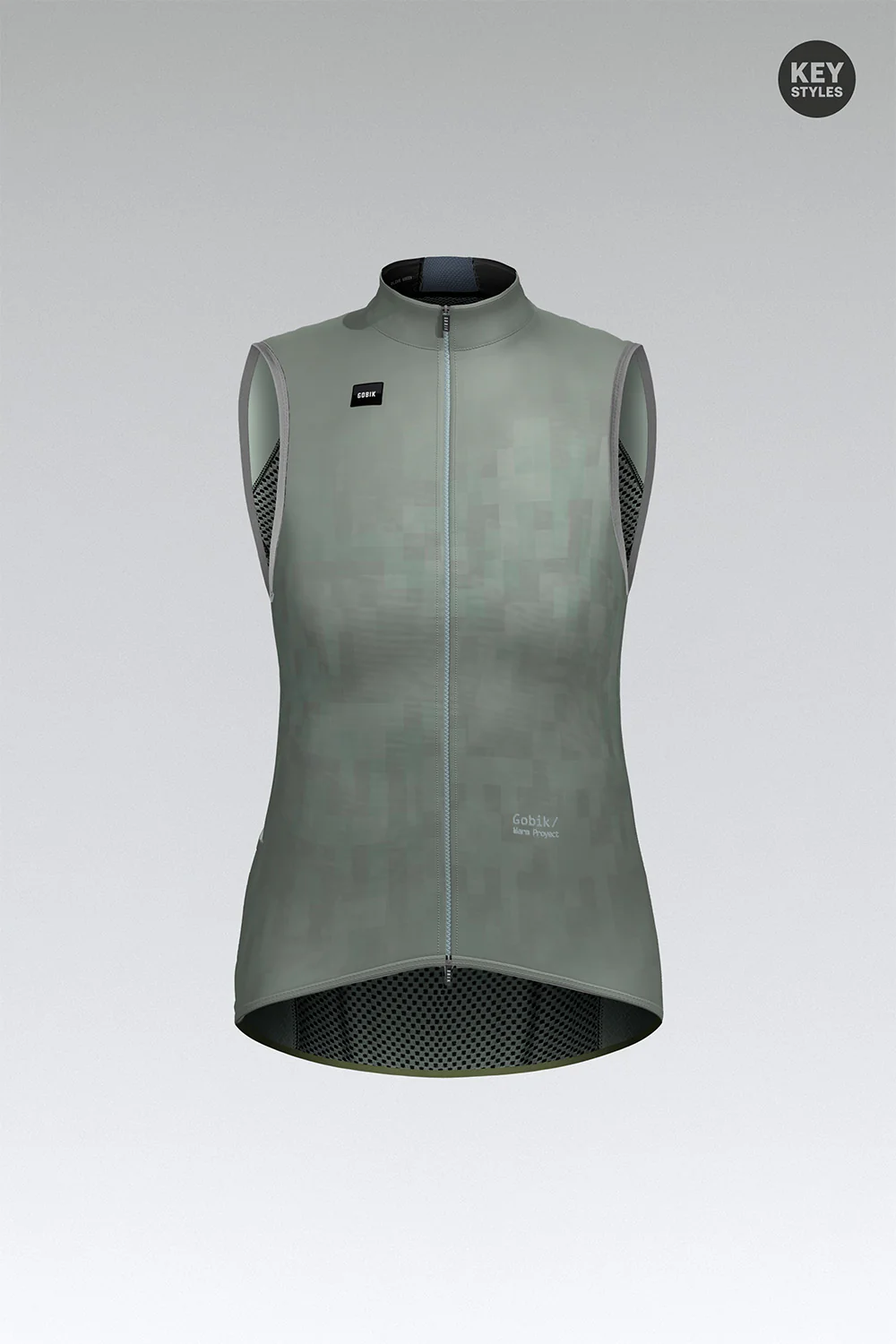 Colete desportivo cinza claro com fecho frontal e padrões de malha interna