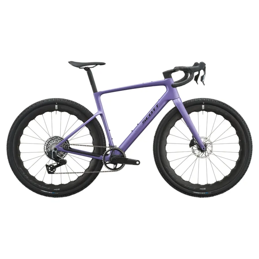 Bicicleta de estrada roxa com quadro e pneus pretos