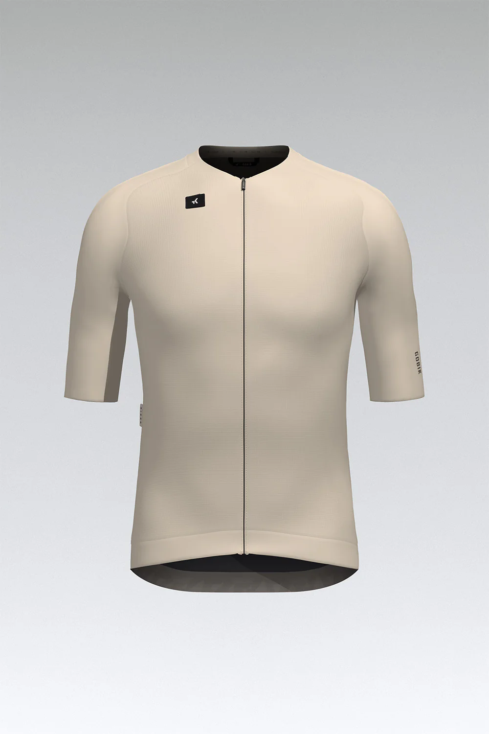 Camisola ciclismo bege de manga curta com fecho frontal e detalhes pretos