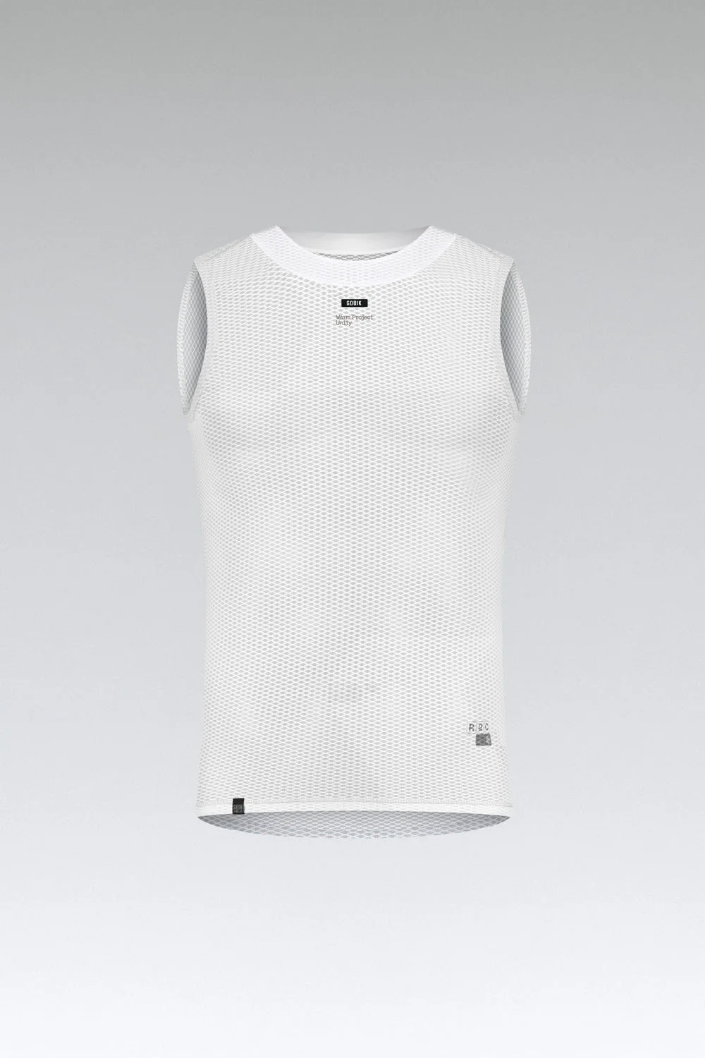 Camisola de malha branca sem mangas com texturas e etiquetas pretas.