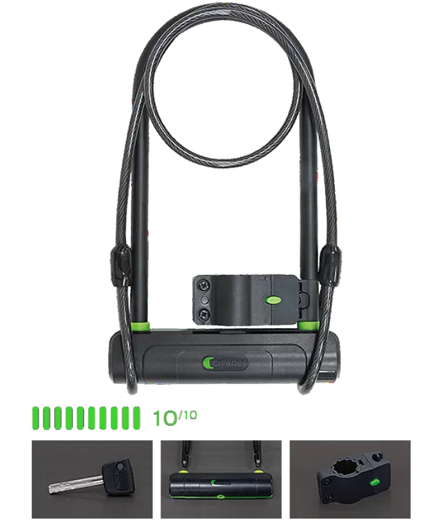 Cadeado tipo U com cabo de aço e corpo preto com detalhes verdes