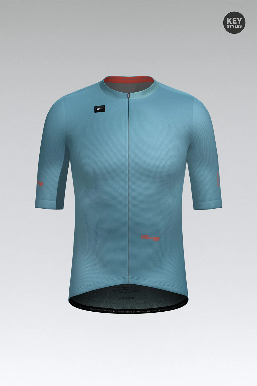 Camisola de ciclismo azul clara com fecho frontal e detalhes vermelhos