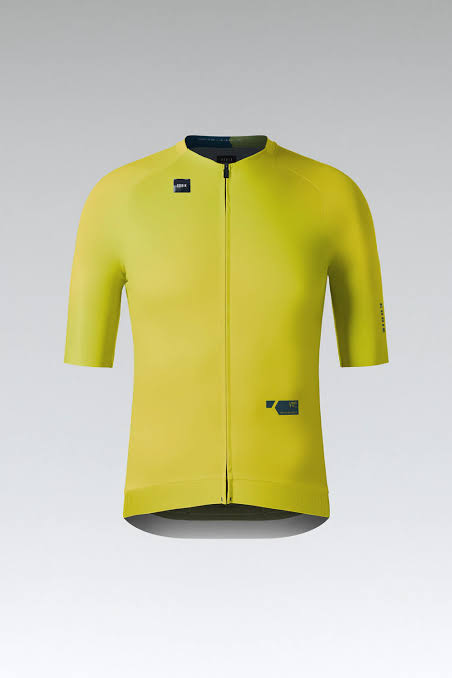 Camisola de ciclismo amarela com fecho zip e etiquetas pretas