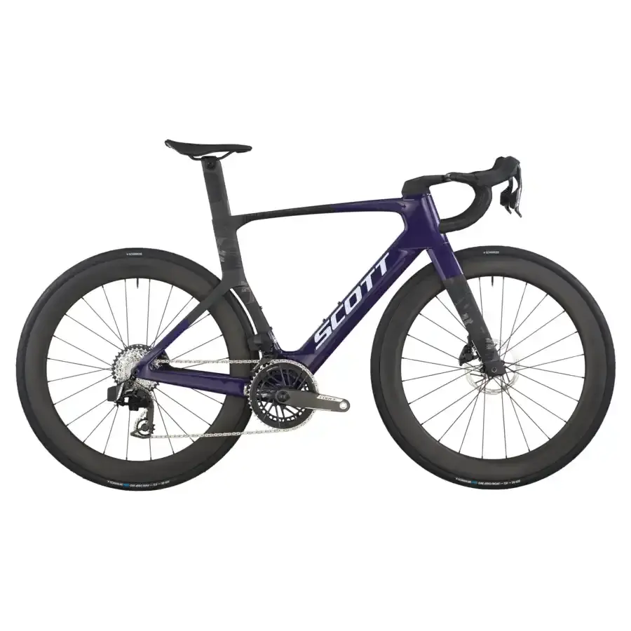 Bicicleta de estrada SCOTT carbono azul escuro e preto com pneus Michelin e travões a disco