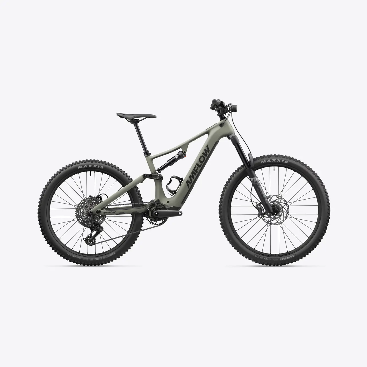 Bicicleta de montanha elétrica cinza mate AMFLOW com pneus Maxxis e suspensão
