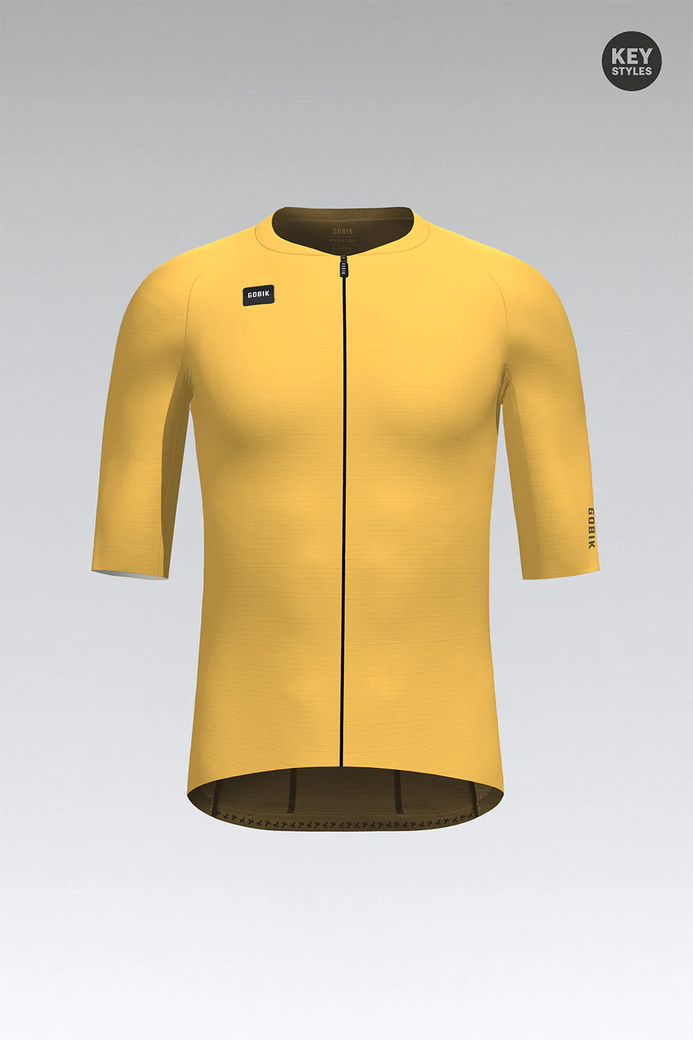 Camisola de ciclismo amarela com fecho negro e etiquetas pretas