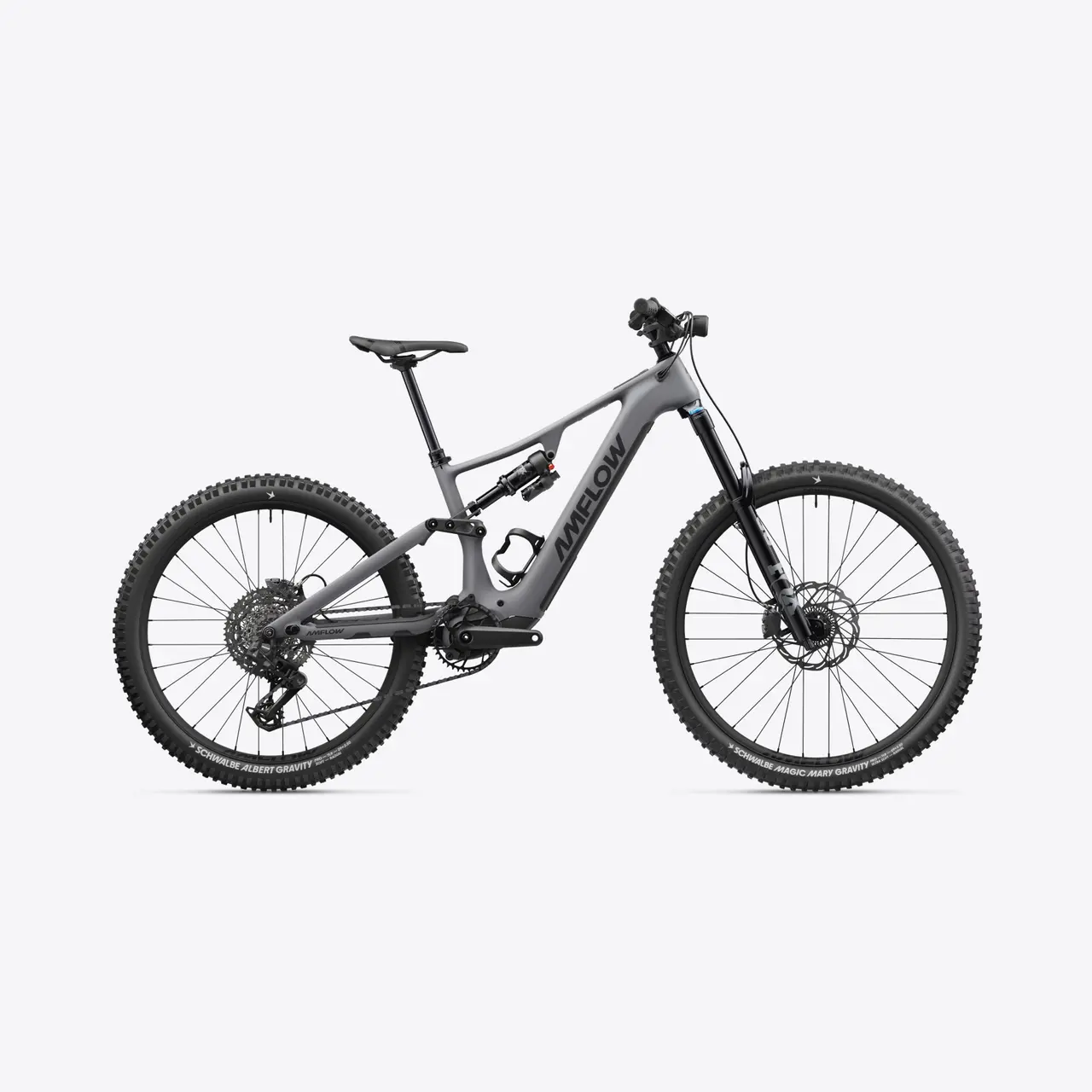 Bicicleta de montanha elétrica cinzenta MIFLOW em fundo branco