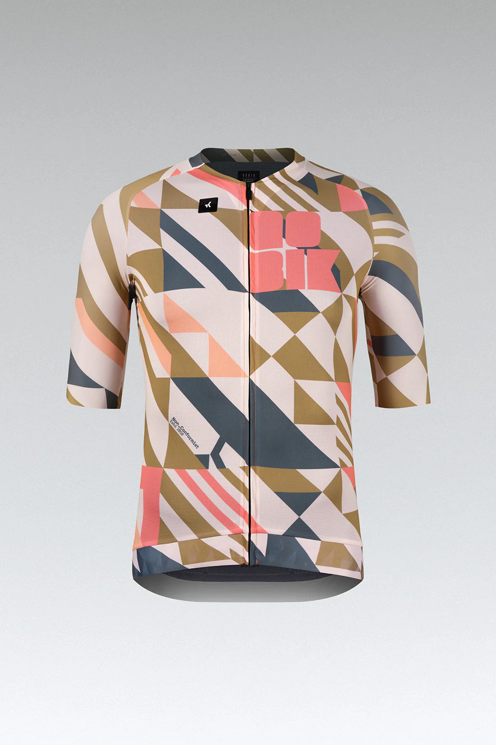 Camisola de ciclismo de manga curta com padrão geométrico colorido e fecho frontal