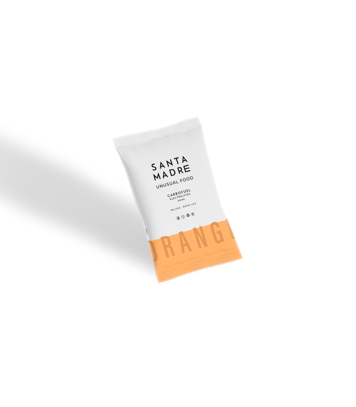 Pacote de snack SANTA MADRE branco e laranja com texto preto