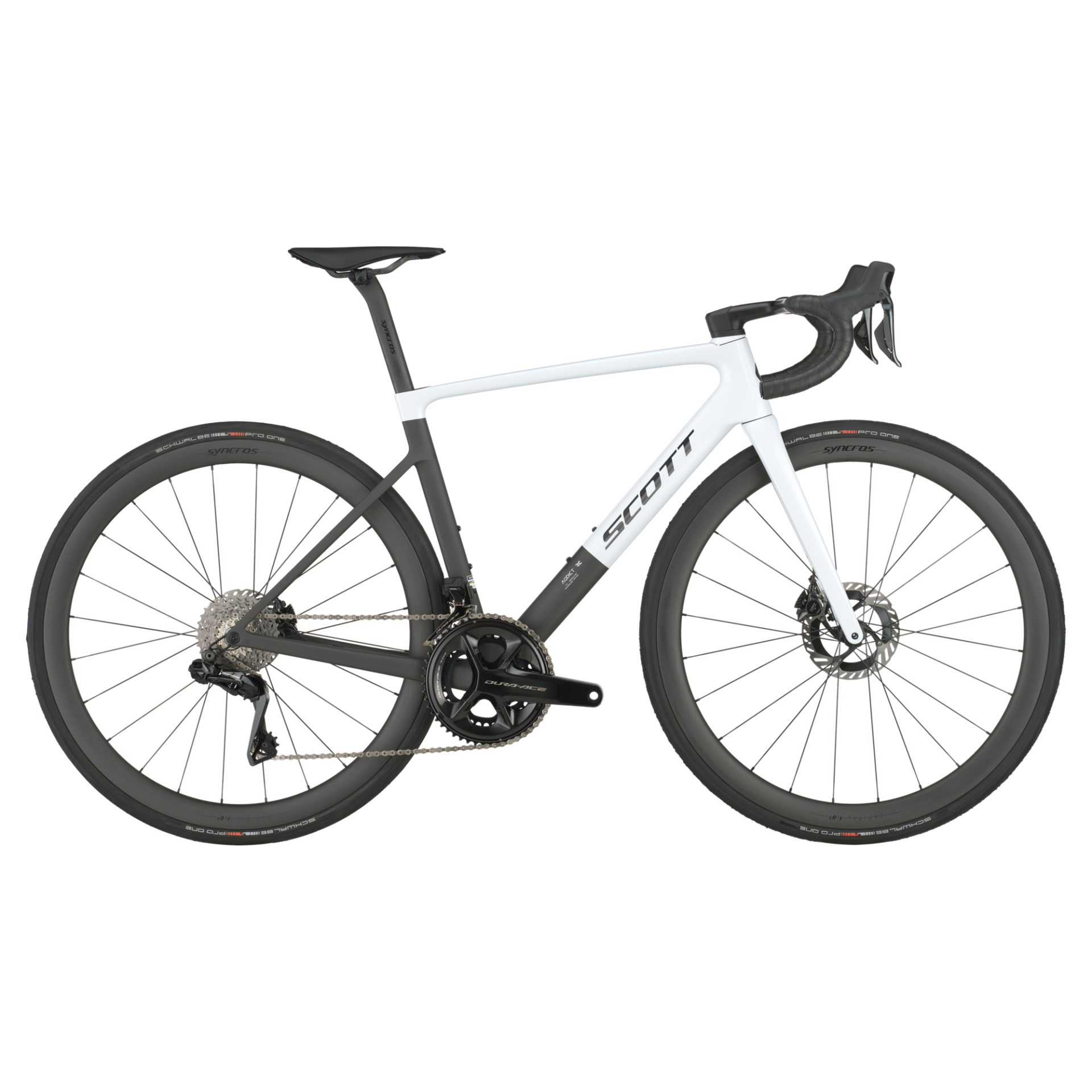 Bicicleta de estrada branca e preta da marca SCOTT com quadro aerodinâmico